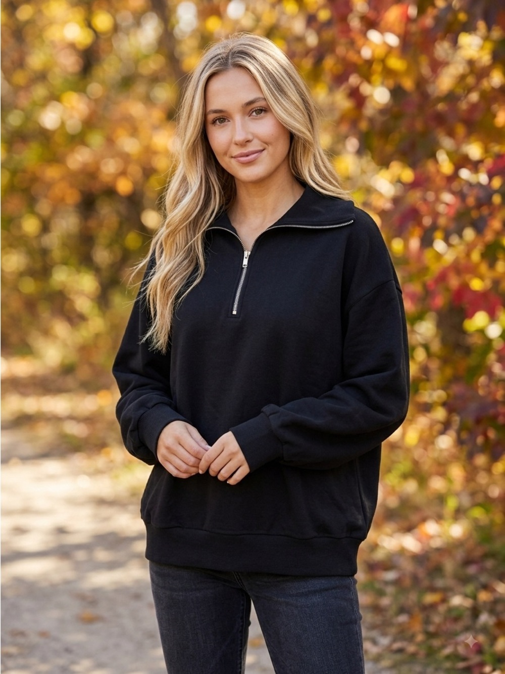 OAK + FORT Refined Black Oversized Half Zip Mock Neck Sweatshirt Size M